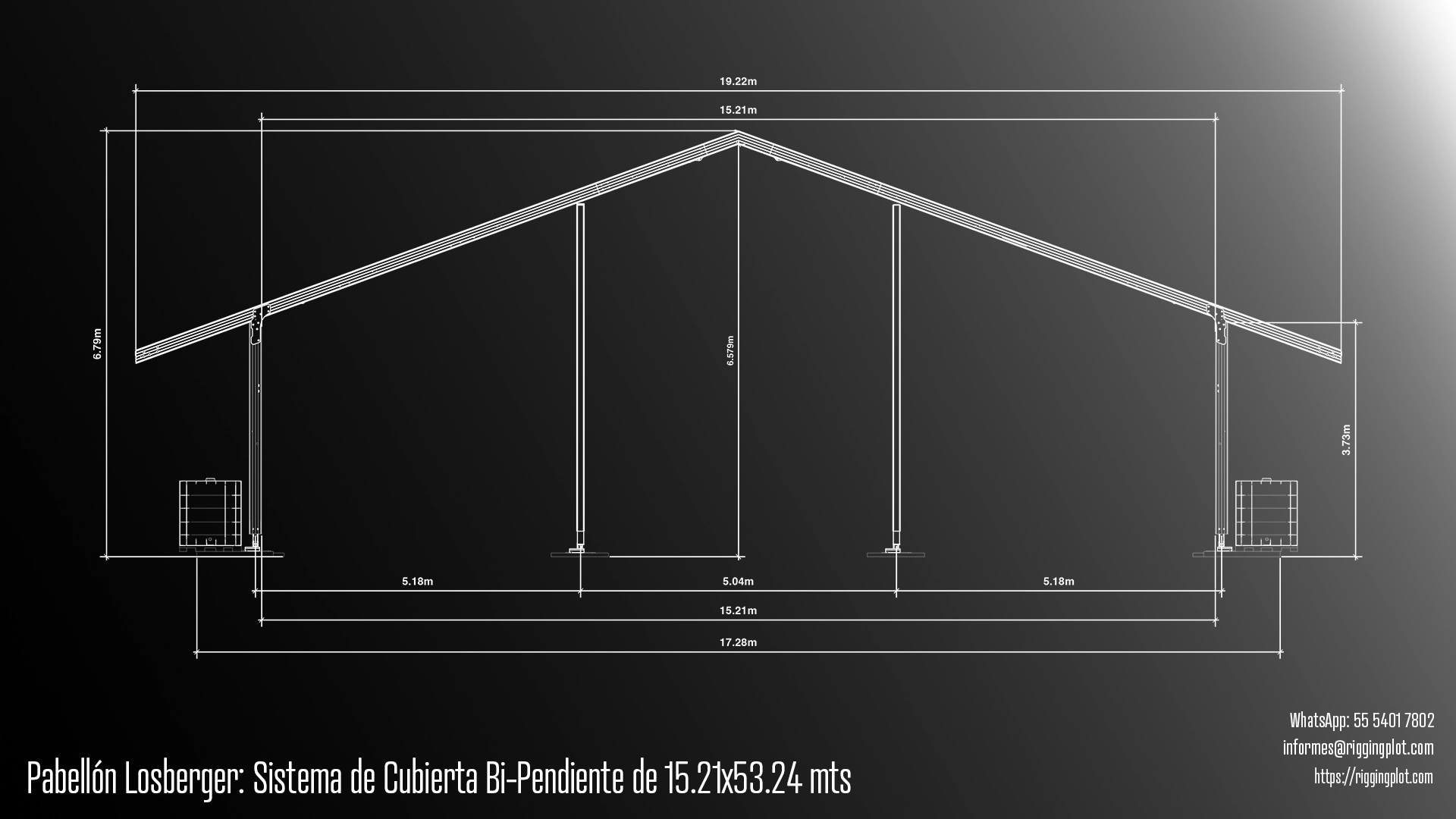 FICHA TÉCNICA CARPA LOSBERGER DE 15.24x53.24MTS CON SISTEMA DE CUBIERTA BI-PENDIENTE EN MÉRIDA