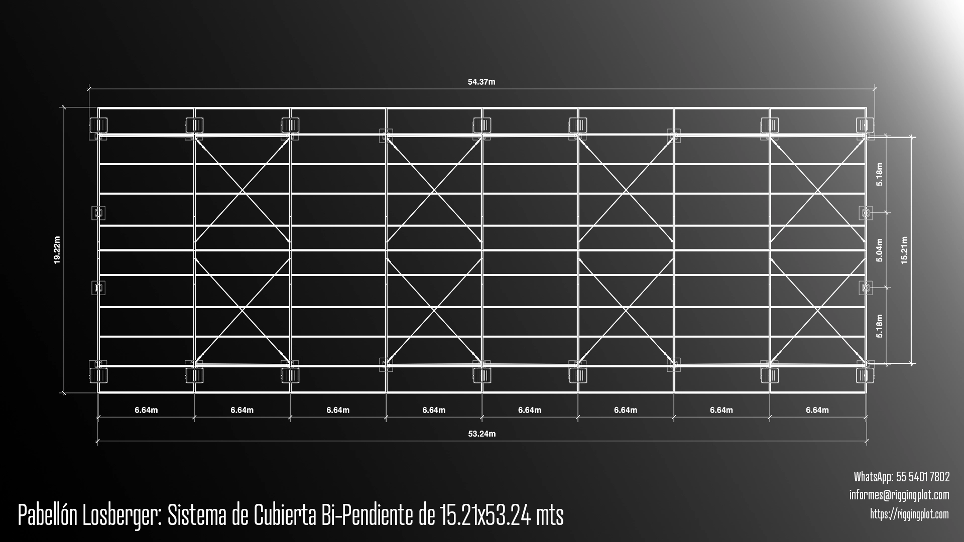 FICHA TÉCNICA CARPA LOSBERGER DE 15.24x53.24MTS CON SISTEMA DE CUBIERTA BI-PENDIENTE EN MÉRIDA