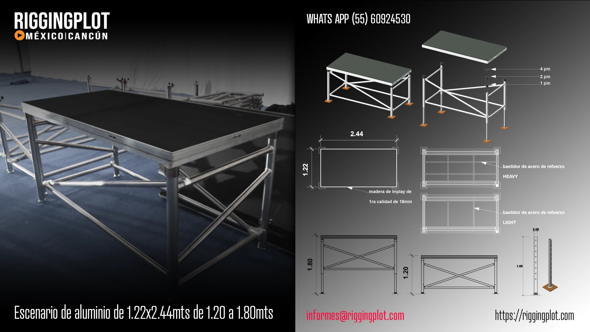 FICHA TÉCNICA ESCENARIO DECK DE ALUMINIO DE 1.22X2.44MTS DE 1.20 A 1.80MTS DE ALTURA EN MÉRIDA