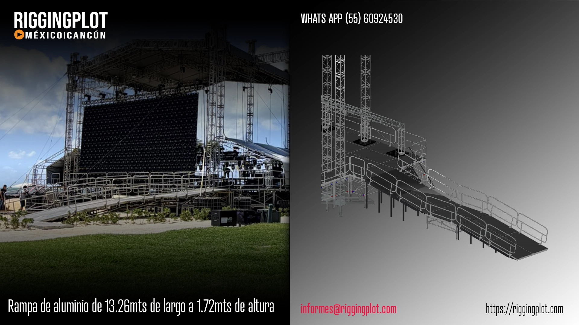 FICHA TÉCNICA RAMPA DE ALUMINIO DE 13.26MTS A 1.72MTS DE ALTURA CON BASTIDORES DE ESCENARIO DECK DE 1.22X2.44MTS Y BARANDAL MÉRIDA