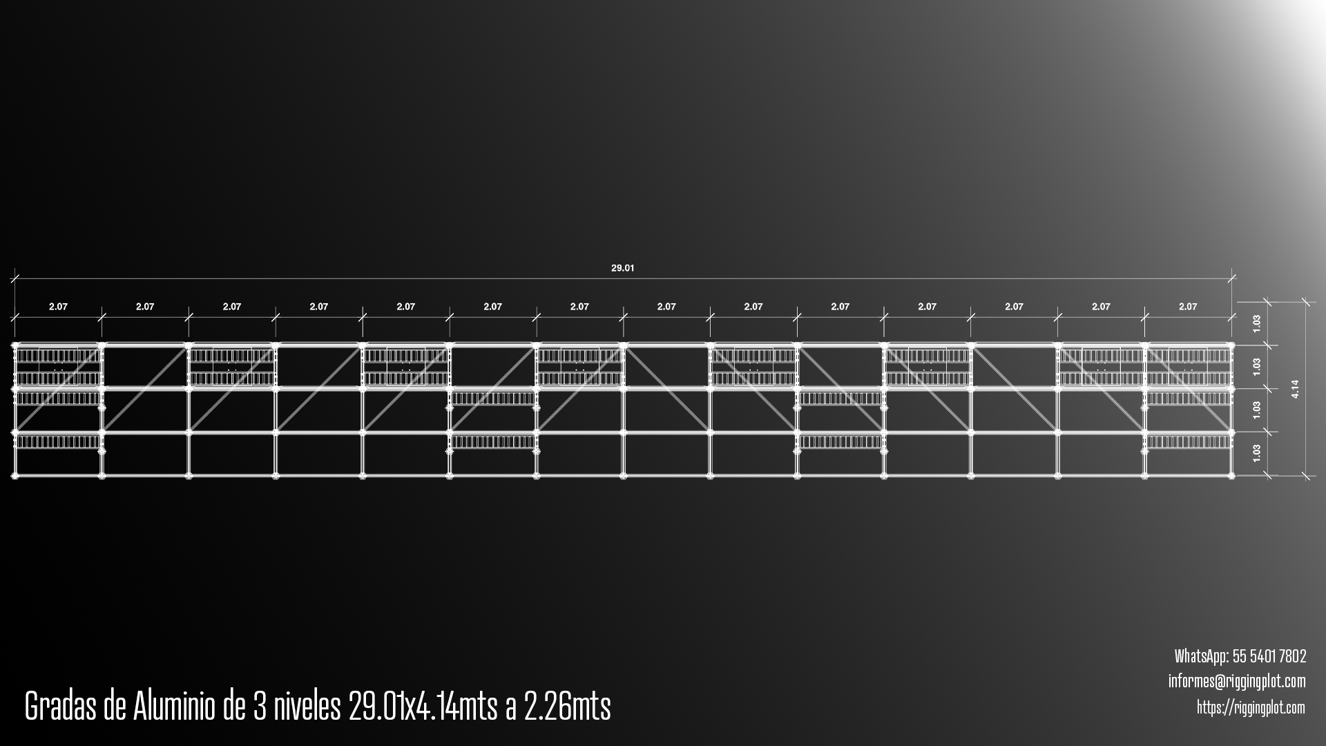 fficha técnica grada de aluminio de 3 niveles de 29.01 metros de frente x 4.14 metros de profundidad x 2.26 metros de altura