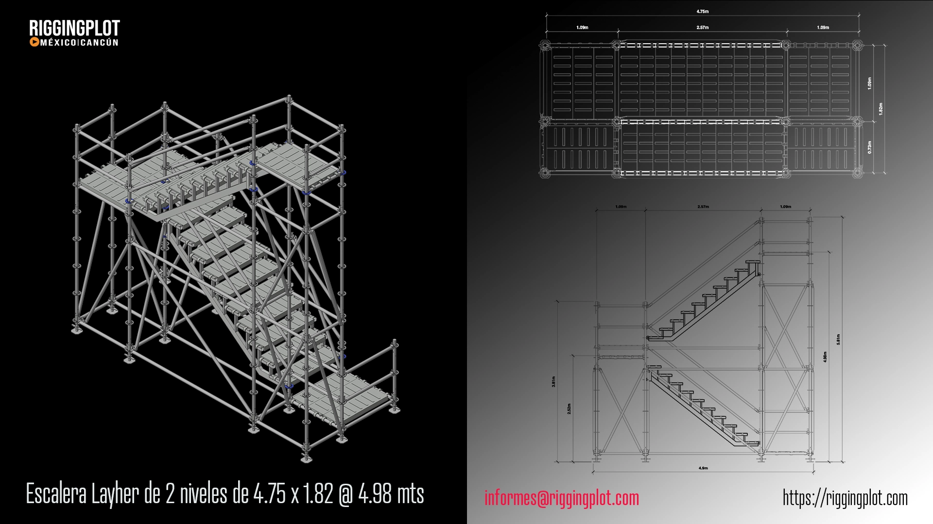 ESCALERA LAYHER A 2 NIVELES DE 4.75X1.82.4.98MTS FABRICADA CON 2 ESCALERAS LAYHER DE 10 PELDAÑOS