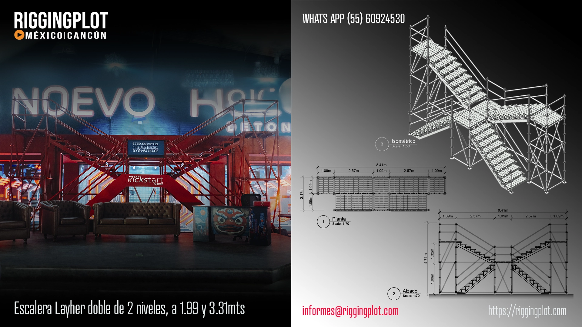 ficha técnica ESCALERA LAYHER 2 niveles doble de 2.17x8.41 a 1.99 3.31mts riggingplot méxico